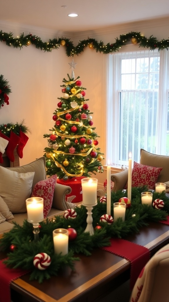 Simple Christmas Decoration Ideas A living room with a decorated Christmas tree, candles, and festive table settings.